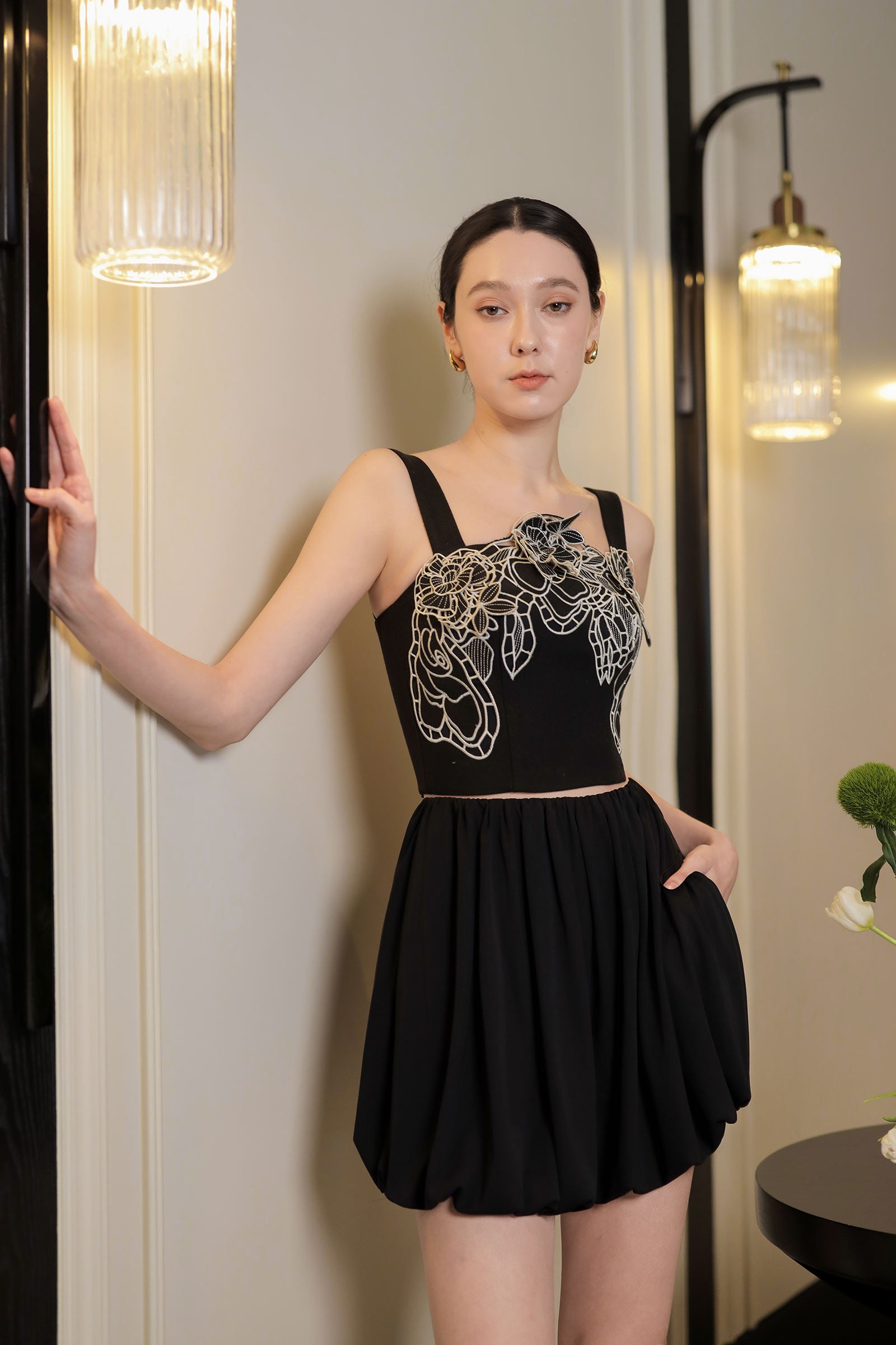 Dloriance Padded Embroidery Top (Black)