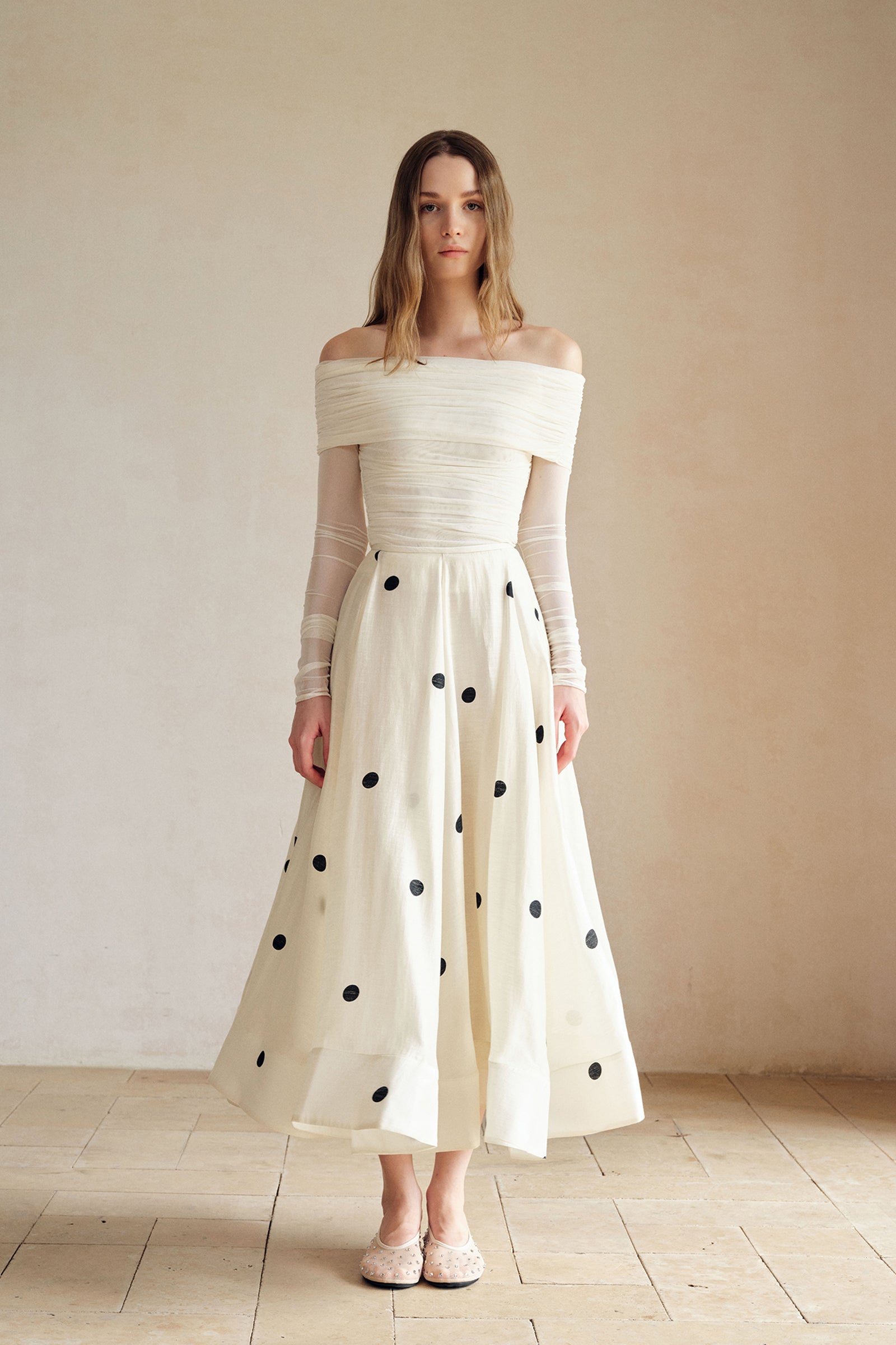 Loula Printed Polka Flare Midi Skirt