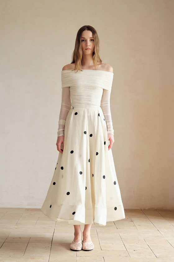 Loula Printed Polka Flare Midi Skirt