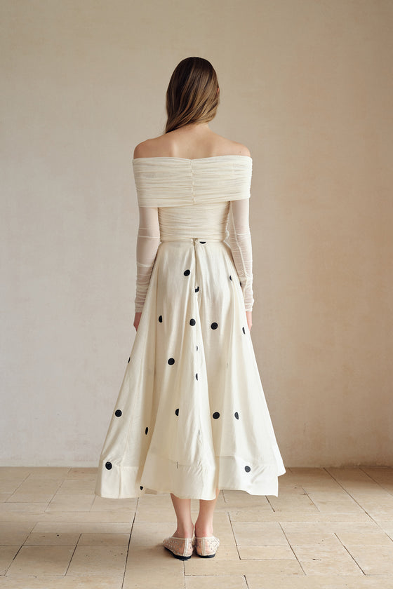 Loula Printed Polka Flare Midi Skirt