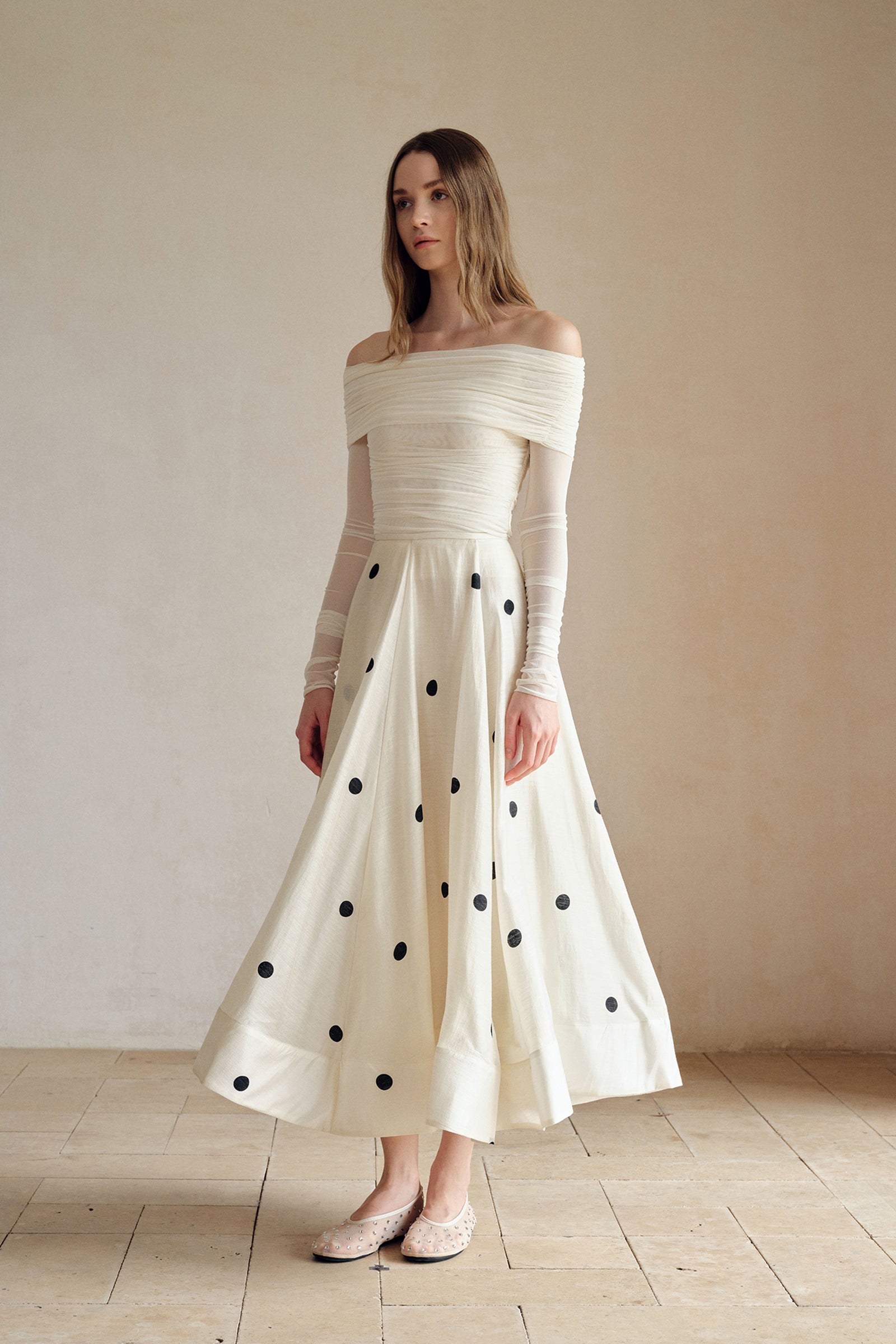 Loula Printed Polka Flare Midi Skirt