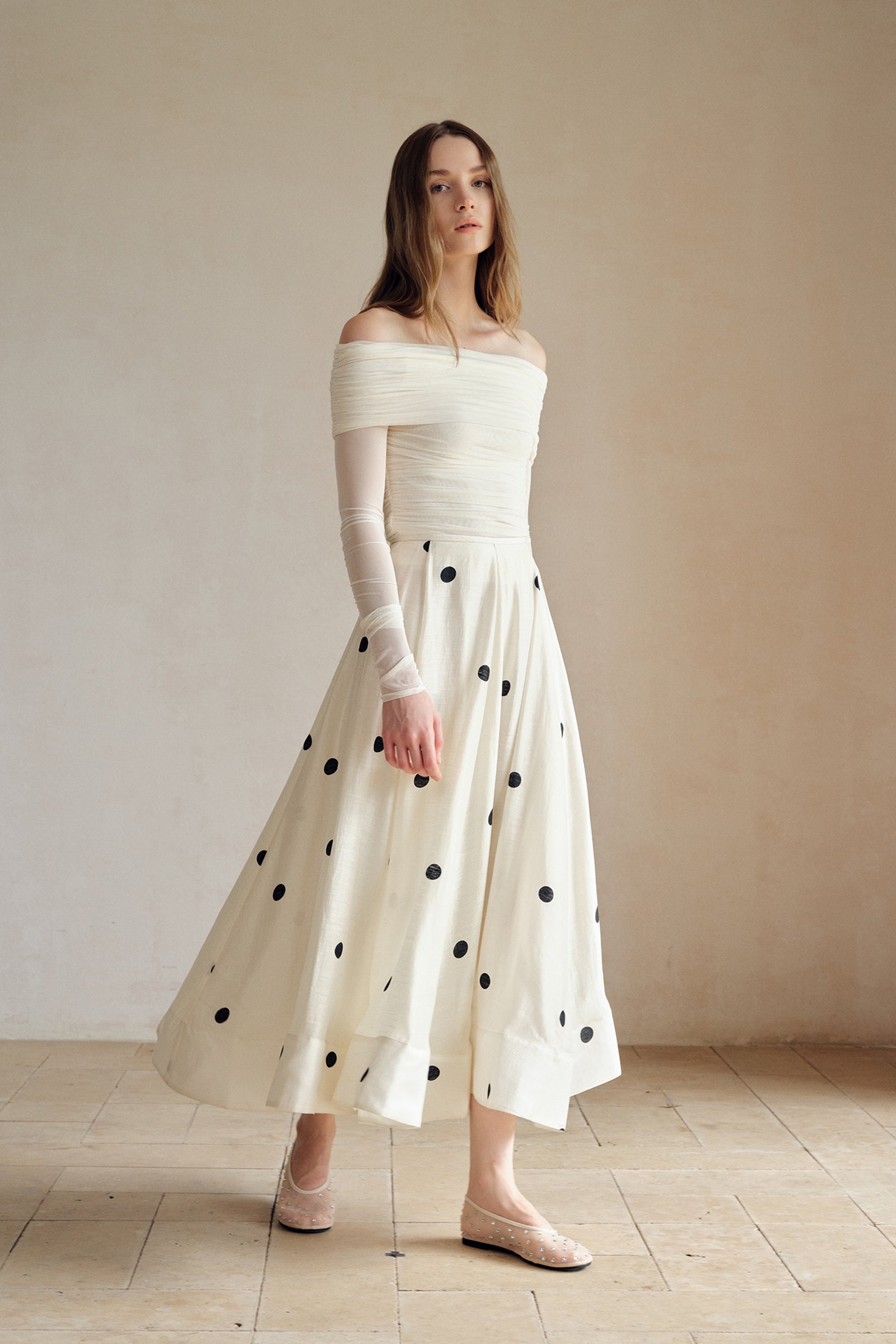 Loula Printed Polka Flare Midi Skirt