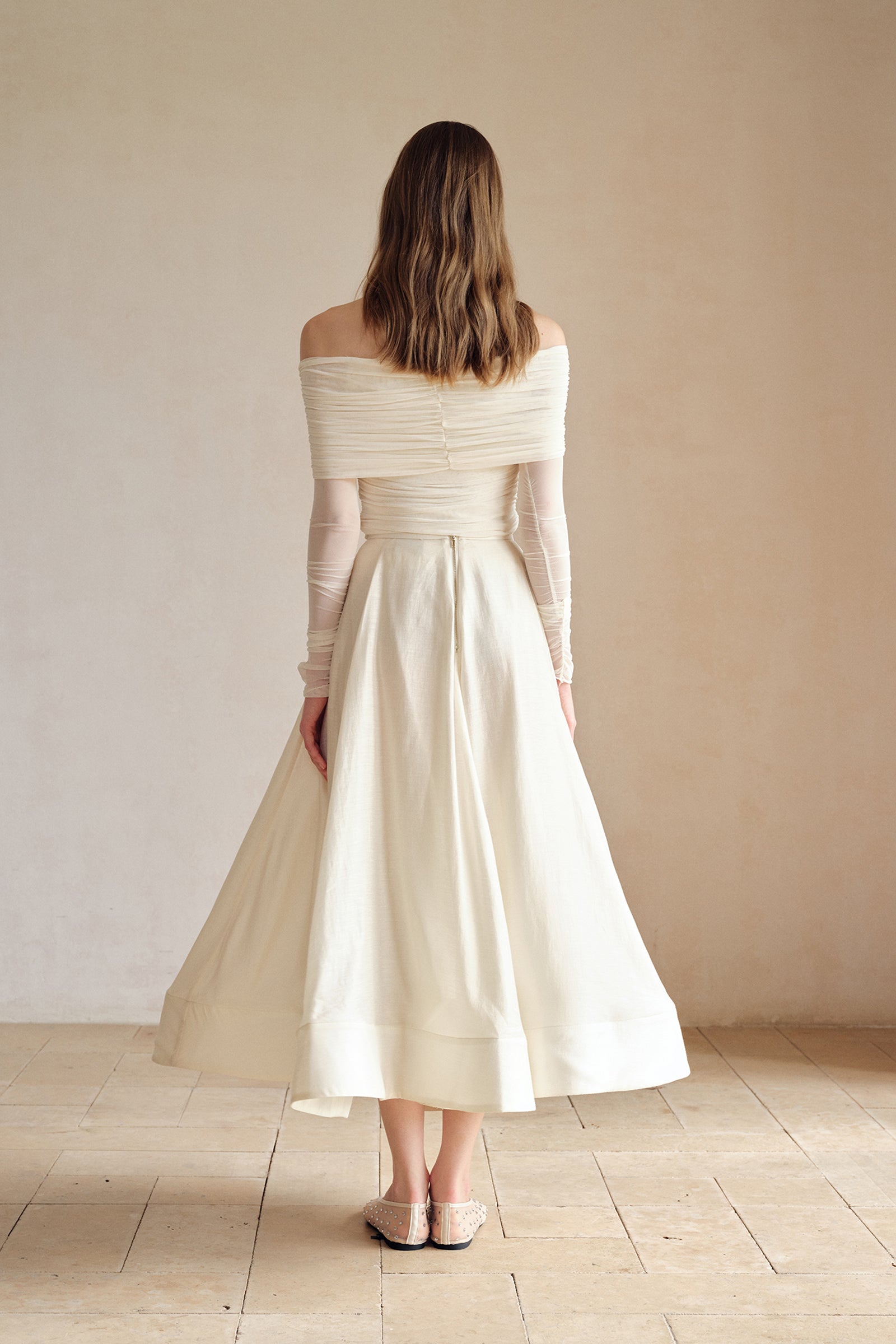 Bailey Mesh Ruched Off Shoulder Top (Ice White)