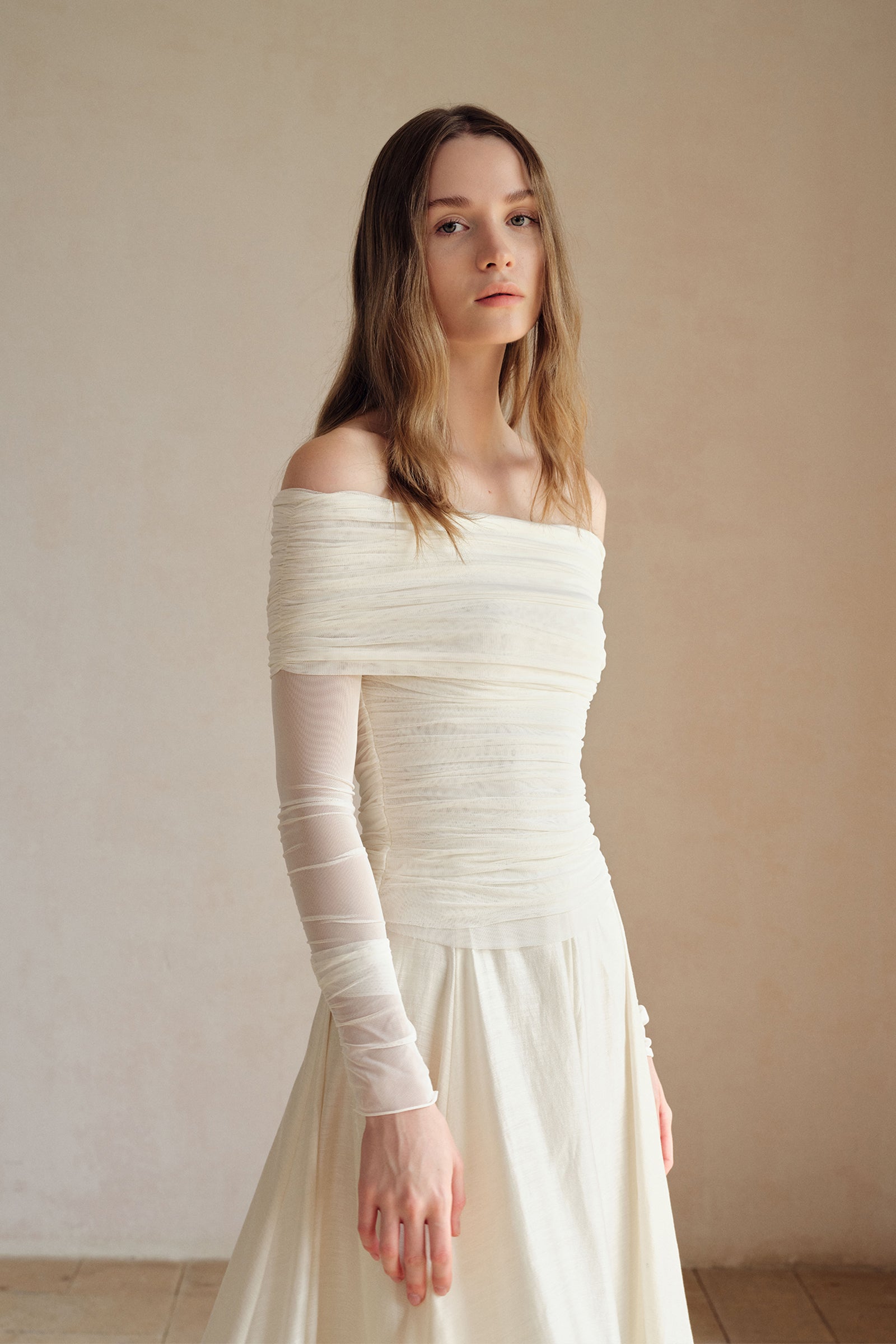 Bailey Mesh Ruched Off Shoulder Top (Ice White)