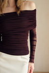 Bailey Mesh Ruched Off Shoulder Top (Ganache)