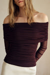 Bailey Mesh Ruched Off Shoulder Top (Ganache)