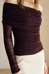 Bailey Mesh Ruched Off Shoulder Top (Ganache)