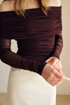Bailey Mesh Ruched Off Shoulder Top (Ganache)