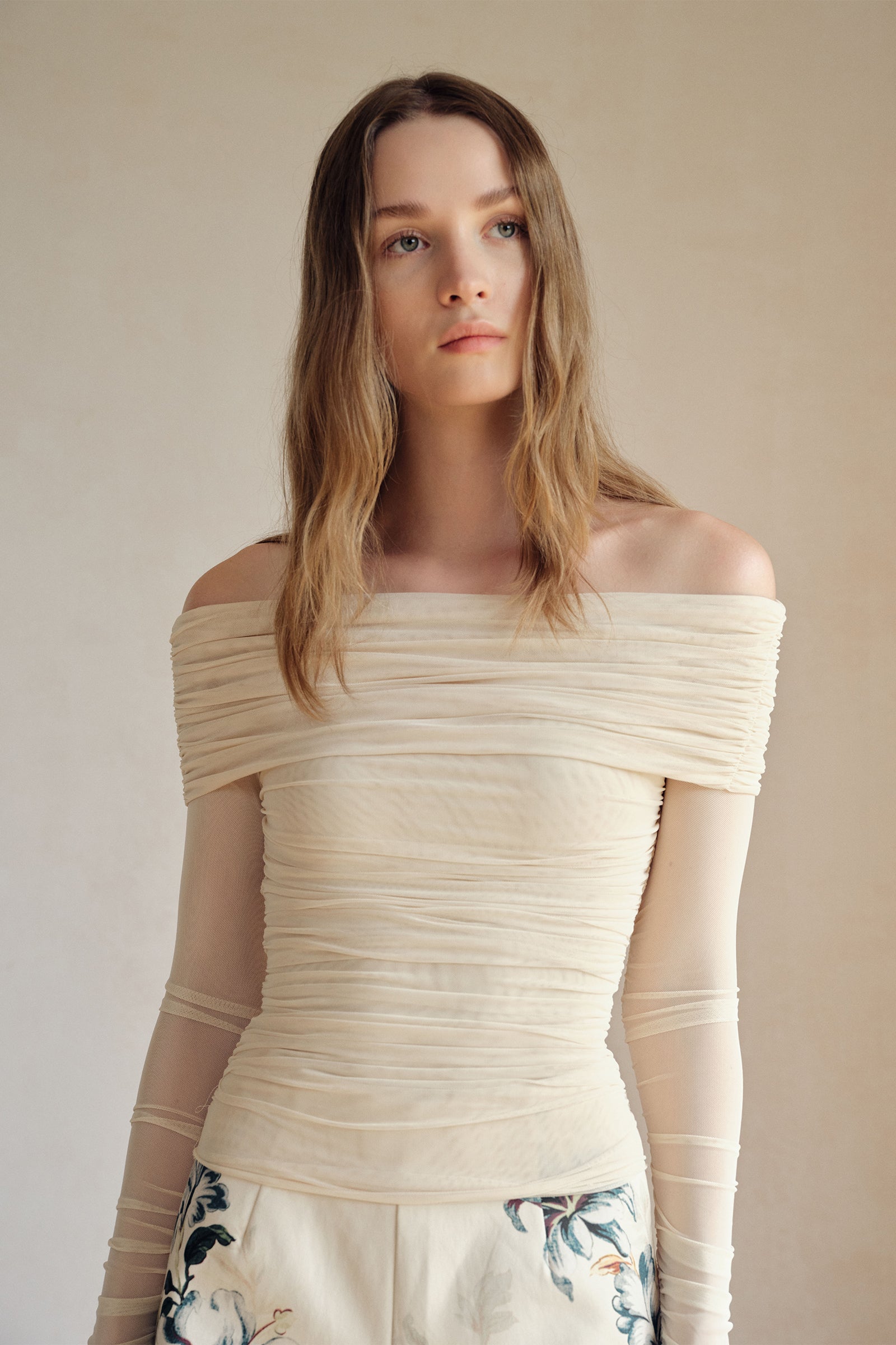 Bailey Mesh Ruched Off Shoulder Top (Buttercream)
