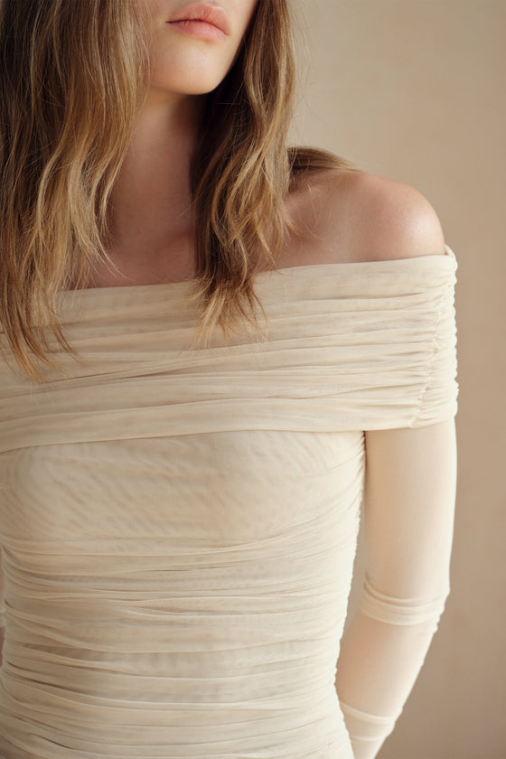 Bailey Mesh Ruched Off Shoulder Top (Buttercream)