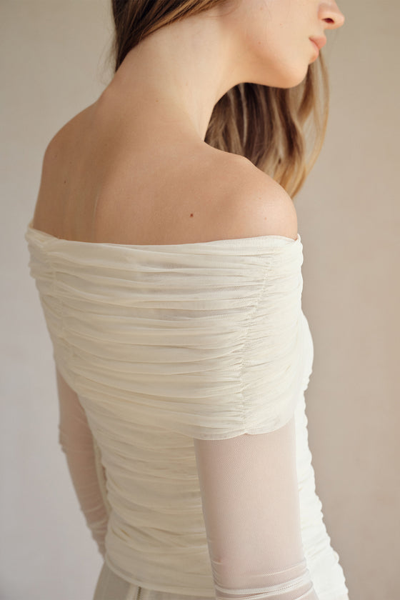 Bailey Mesh Ruched Off Shoulder Top (Ice White)