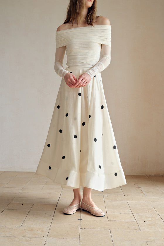 Loula Printed Polka Flare Midi Skirt