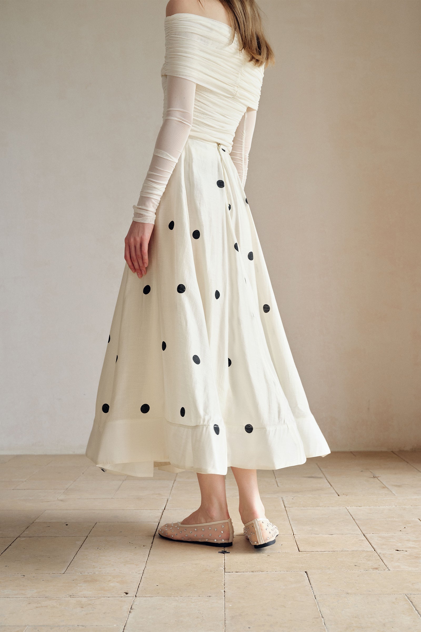 Loula Printed Polka Flare Midi Skirt