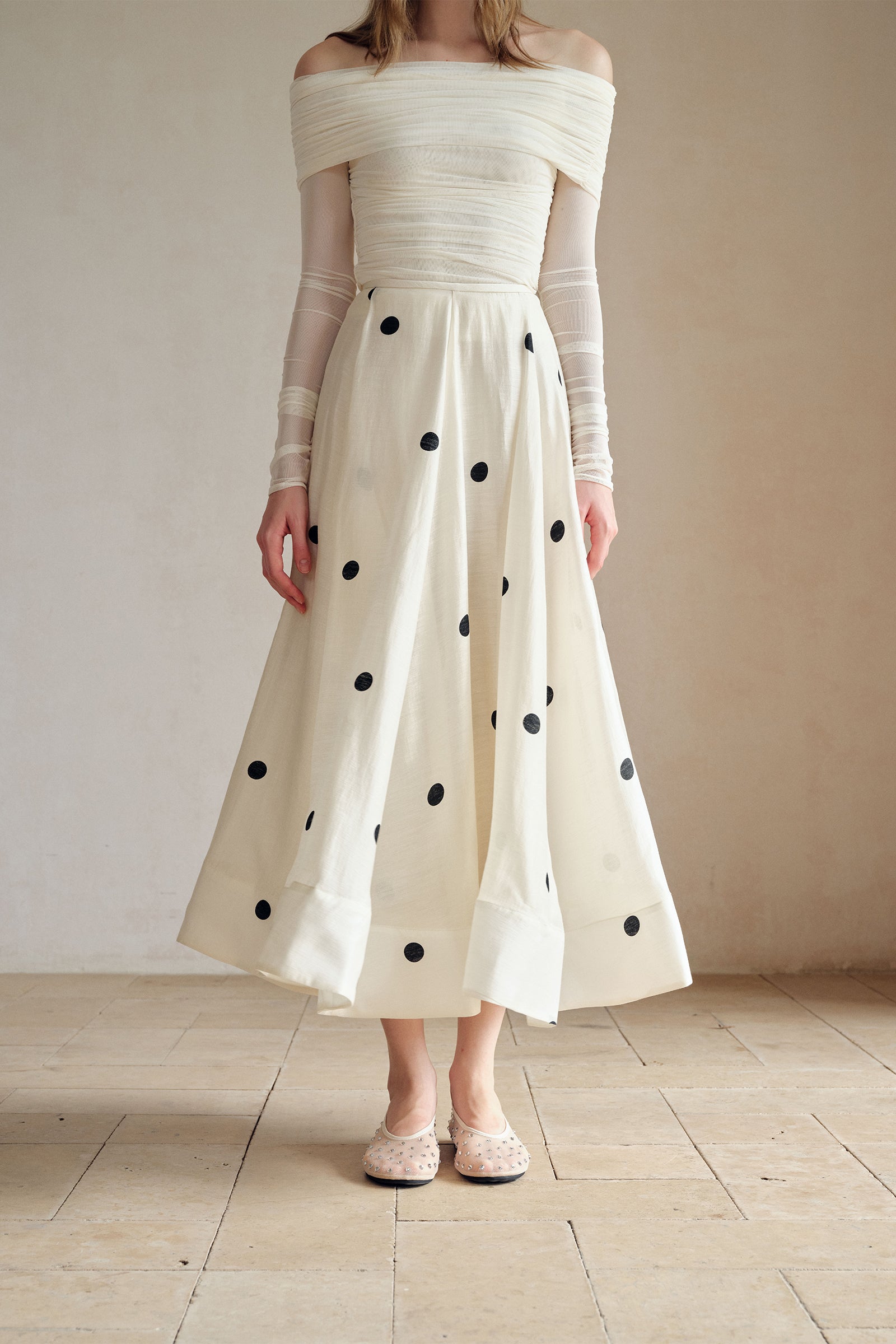 Loula Printed Polka Flare Midi Skirt