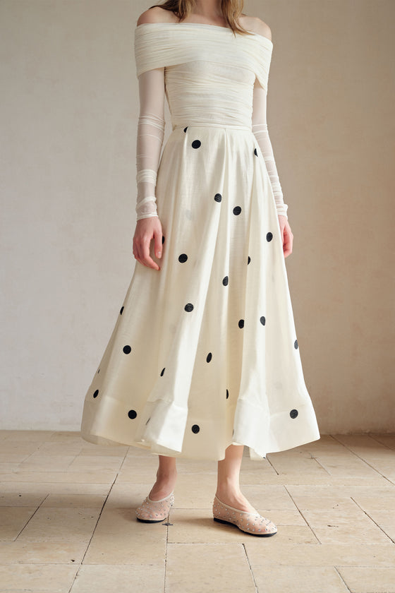 Loula Printed Polka Flare Midi Skirt
