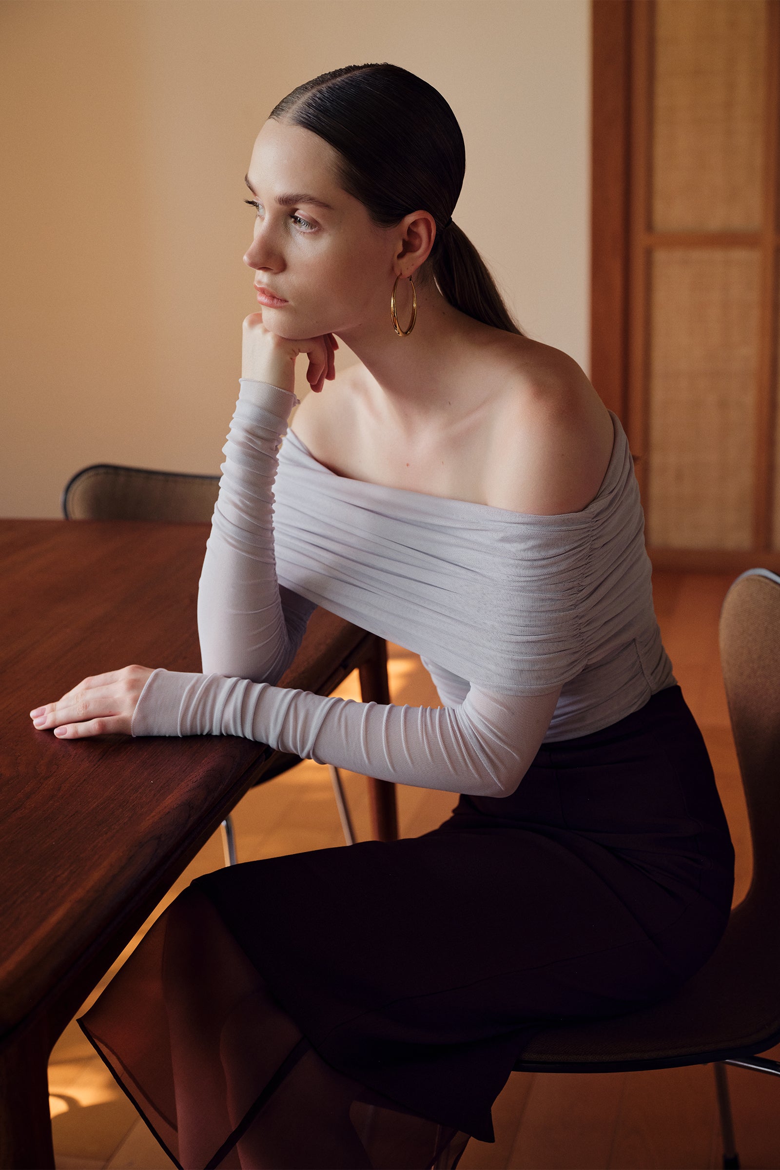 Bailey Mesh Ruched Off Shoulder Top (Misty Blue)