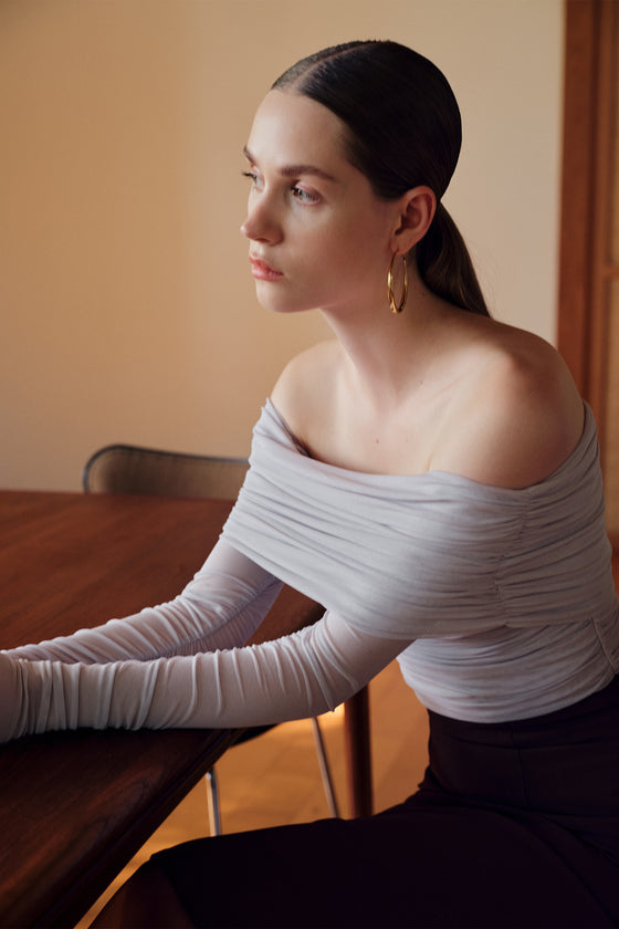 Bailey Mesh Ruched Off Shoulder Top (Misty Blue)