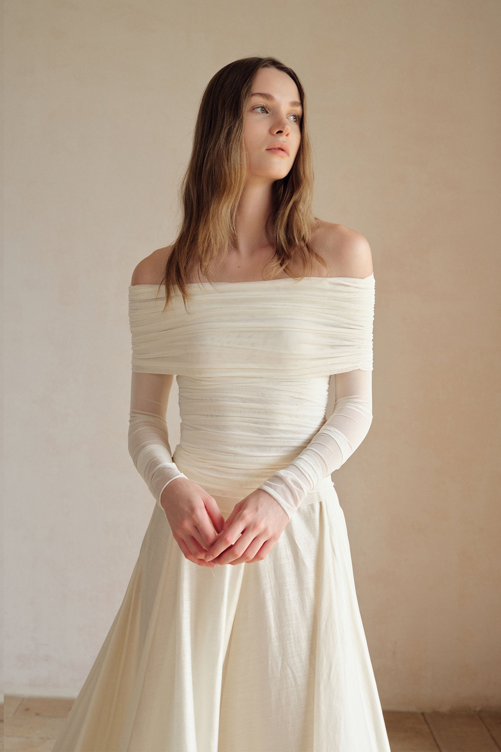 Bailey Mesh Ruched Off Shoulder Top (Ice White)