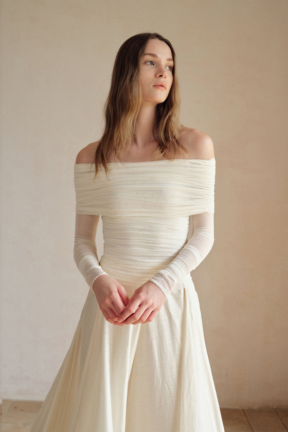 Bailey Mesh Ruched Off Shoulder Top (Ice White)
