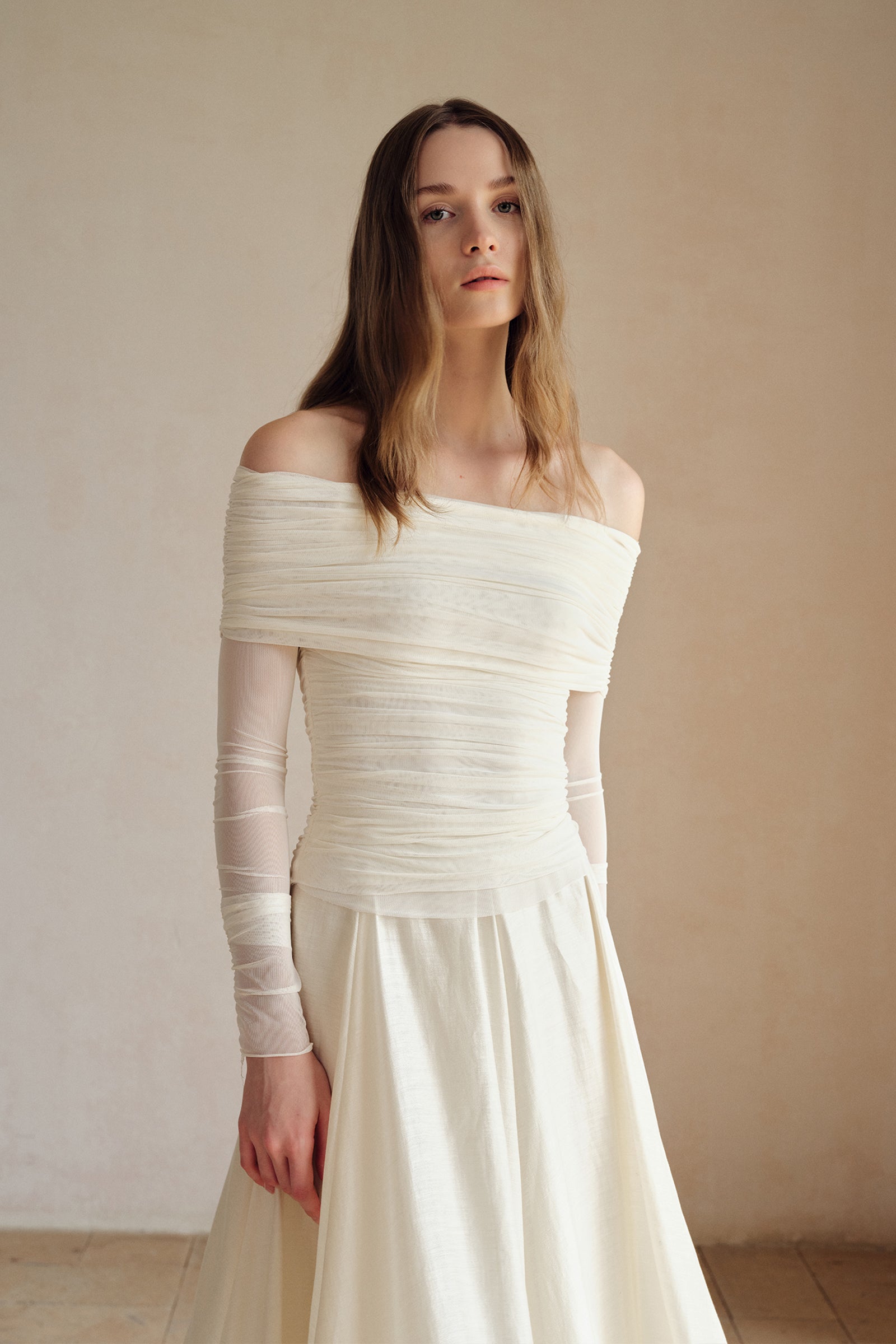 Bailey Mesh Ruched Off Shoulder Top (Ice White)