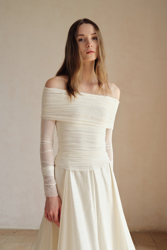 Bailey Mesh Ruched Off Shoulder Top (Ice White)