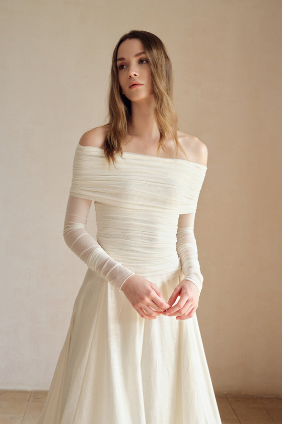 Bailey Mesh Ruched Off Shoulder Top (Ice White)