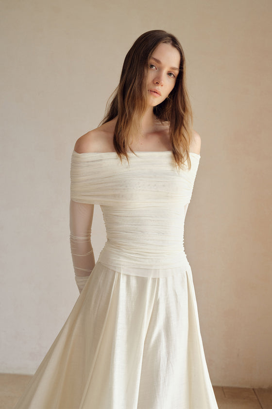 Bailey Mesh Ruched Off Shoulder Top (Ice White)
