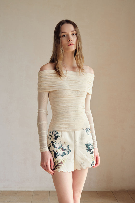 Bailey Mesh Ruched Off Shoulder Top (Buttercream)