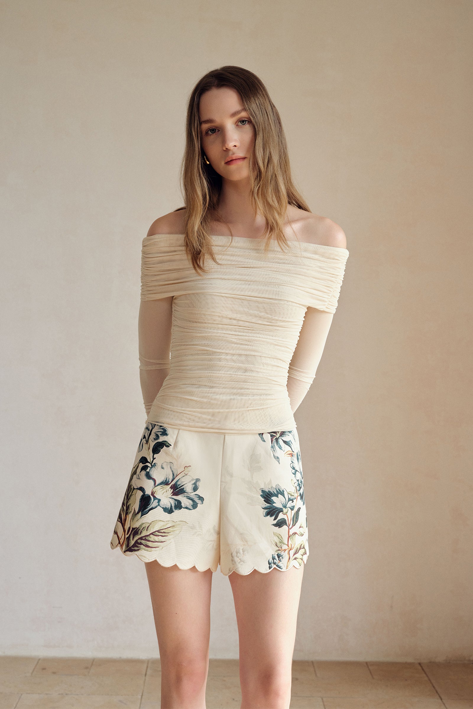 Bailey Mesh Ruched Off Shoulder Top (Buttercream)