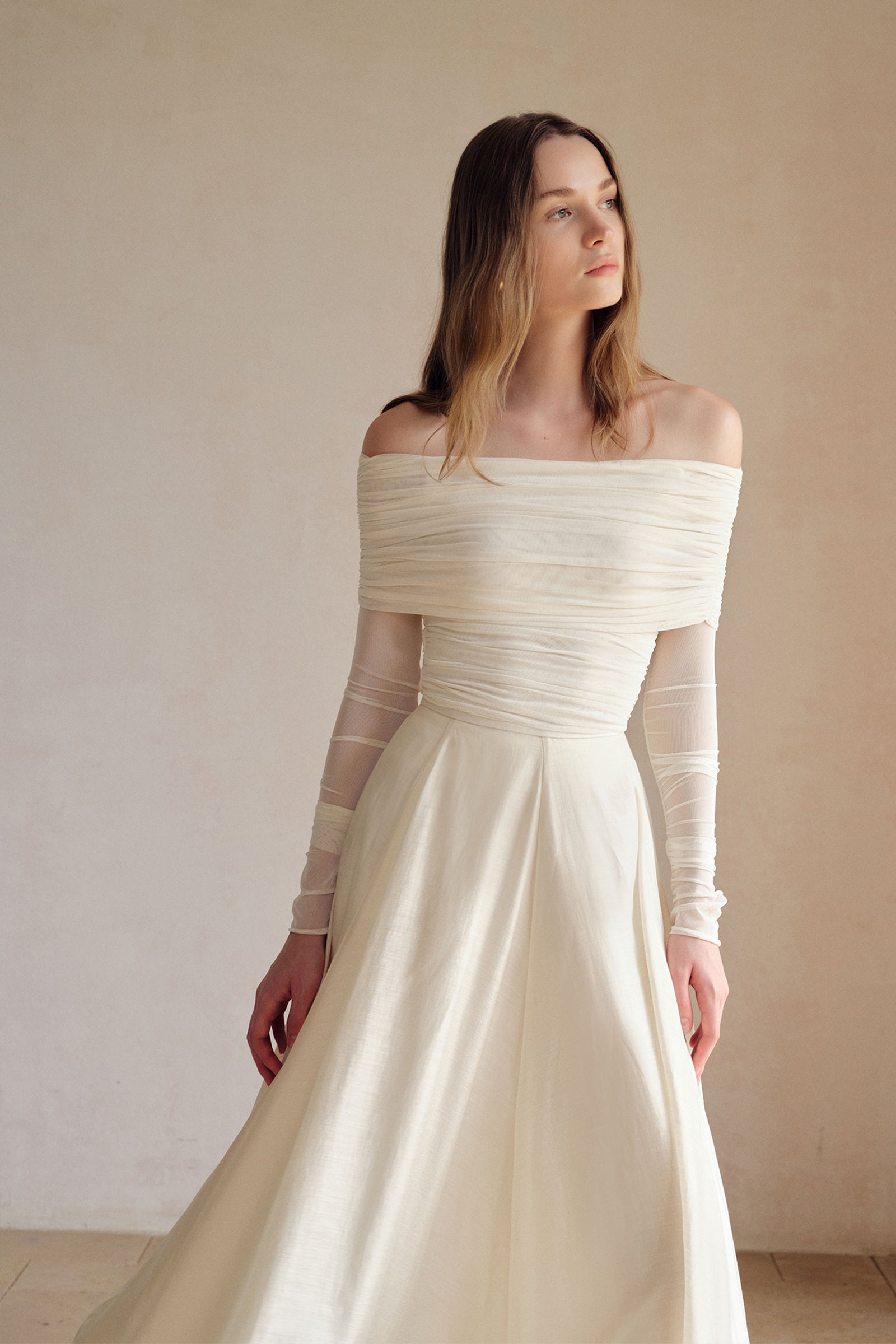 Bailey Mesh Ruched Off Shoulder Top (Ice White)