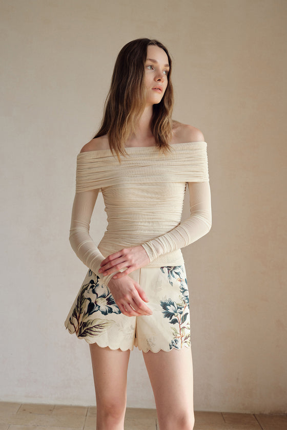 Bailey Mesh Ruched Off Shoulder Top (Buttercream)