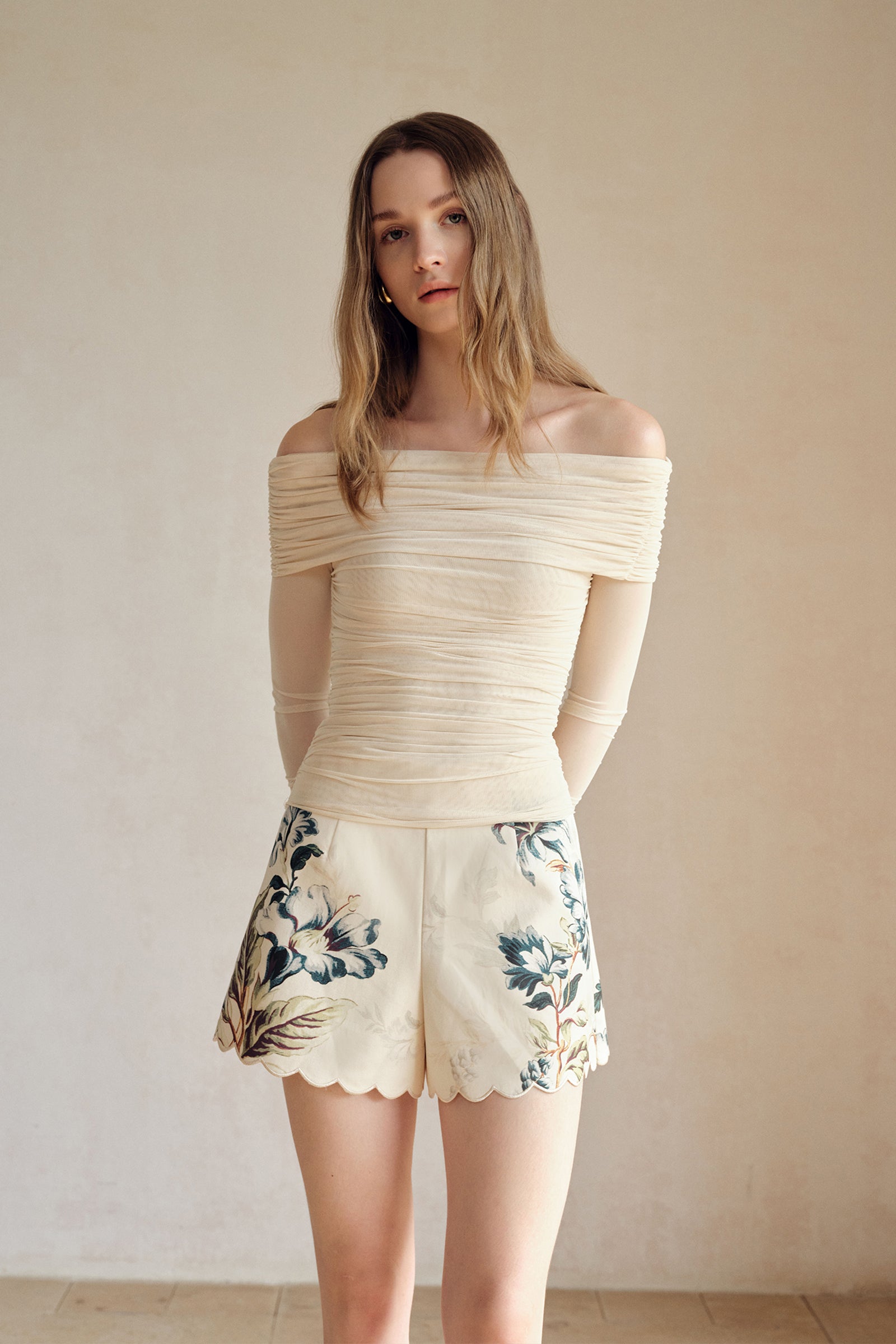 Bailey Mesh Ruched Off Shoulder Top (Buttercream)