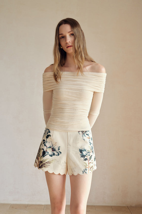 Bailey Mesh Ruched Off Shoulder Top (Buttercream)