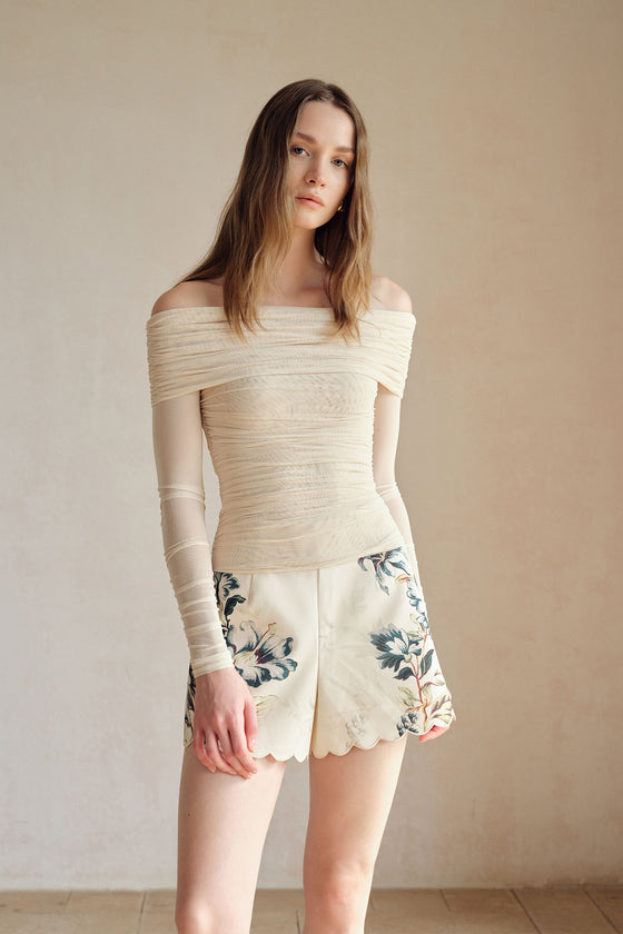 Bailey Mesh Ruched Off Shoulder Top (Buttercream)