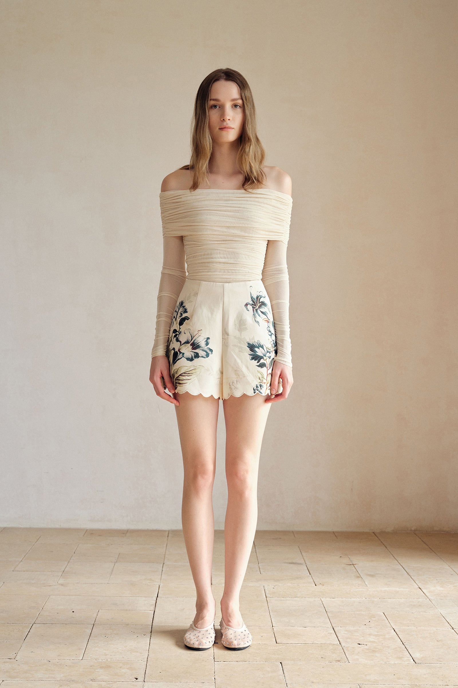 Bailey Mesh Ruched Off Shoulder Top (Buttercream)