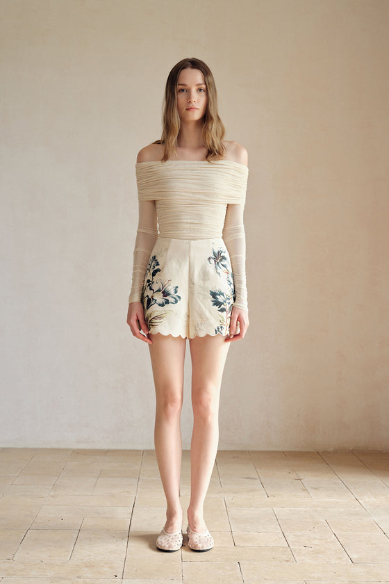 Bailey Mesh Ruched Off Shoulder Top (Buttercream)