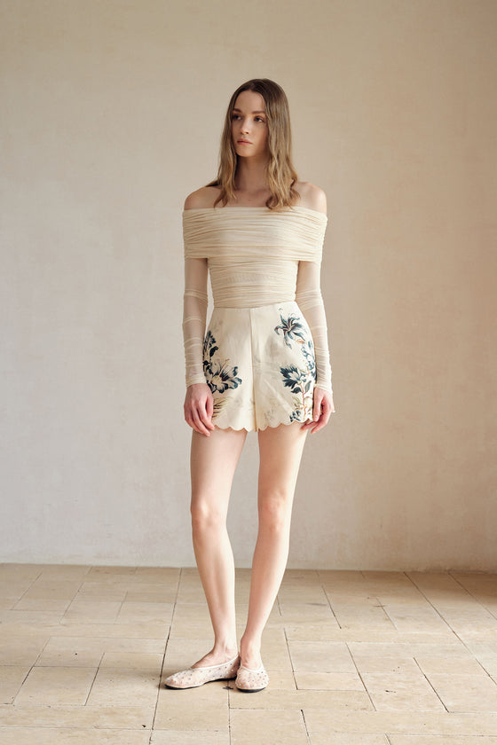 Bailey Mesh Ruched Off Shoulder Top (Buttercream)