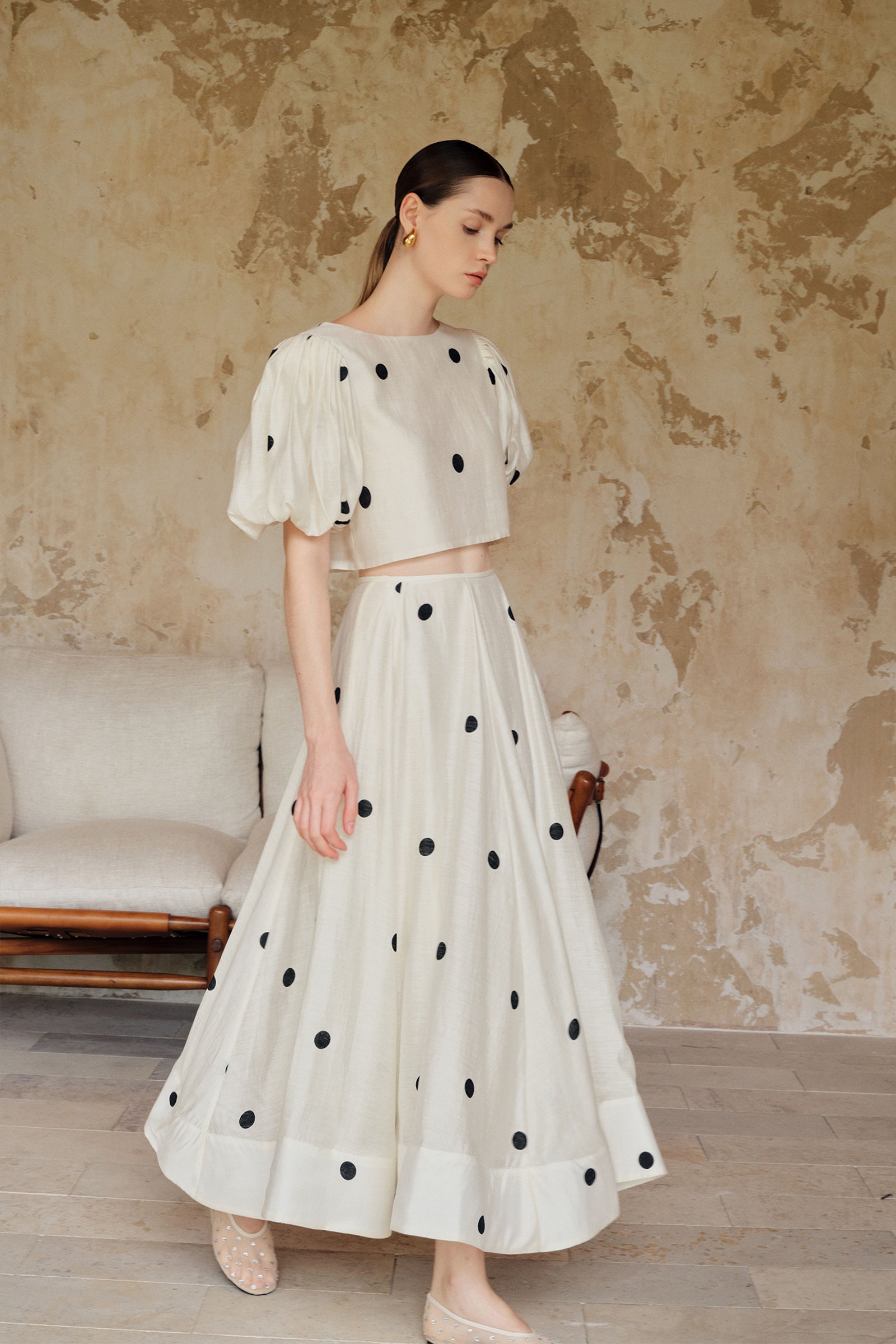 Loula Printed Polka Flare Midi Skirt