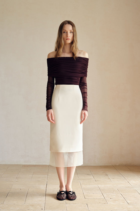 Bailey Mesh Ruched Off Shoulder Top (Ganache)