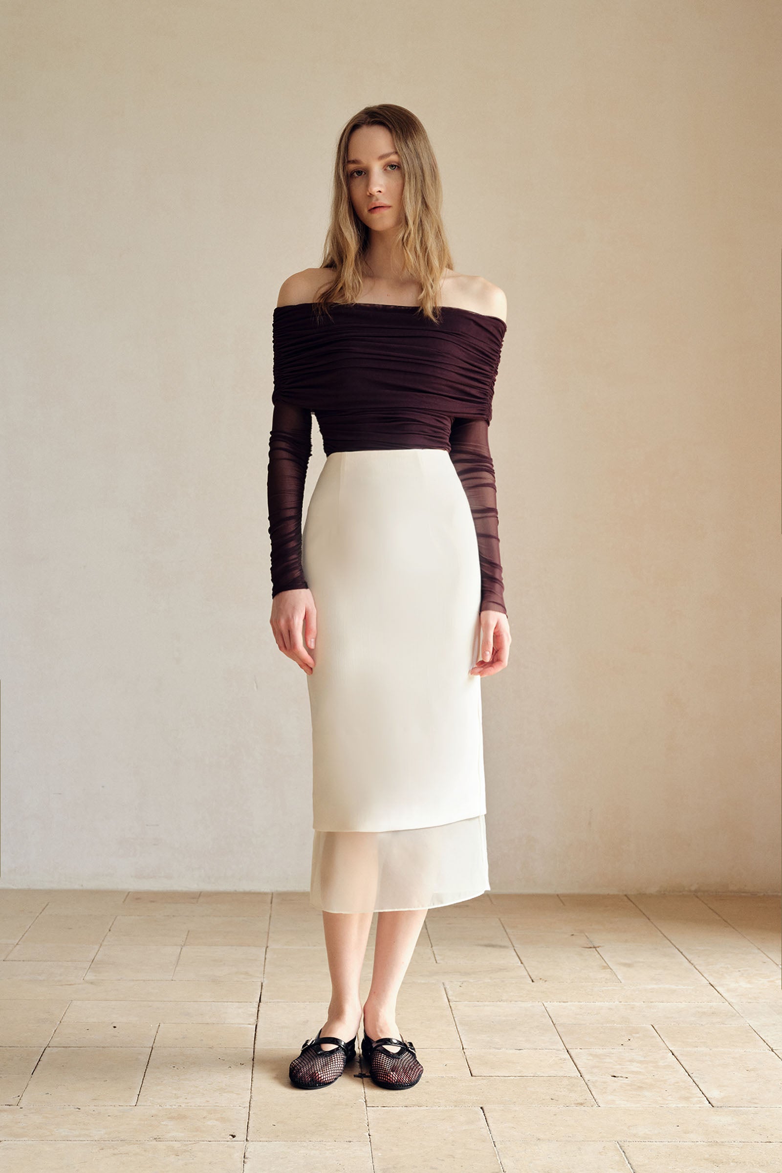 Allegra Organza Hemline Midi Skirt (Ice White)