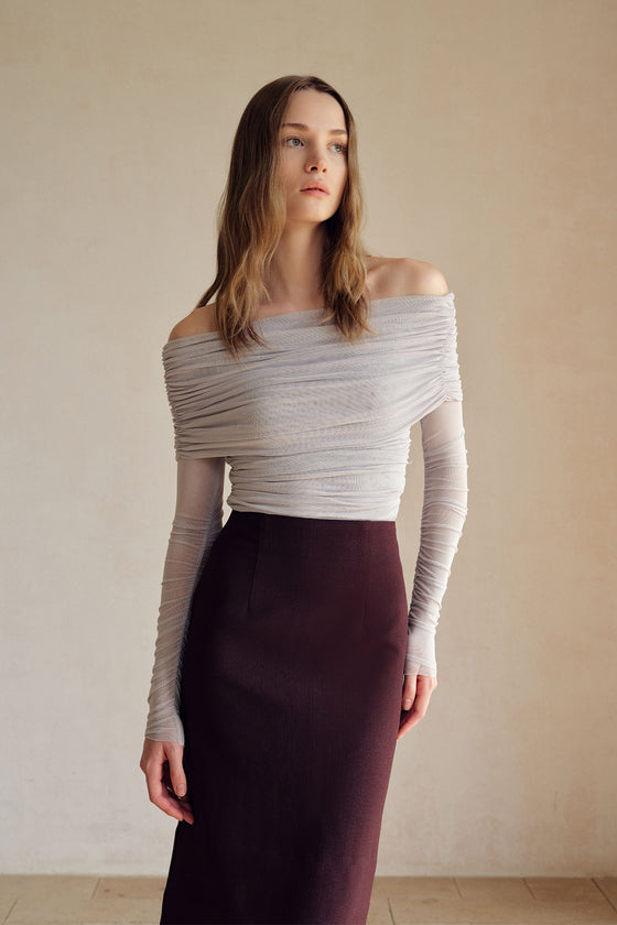 Bailey Mesh Ruched Off Shoulder Top (Misty Blue)