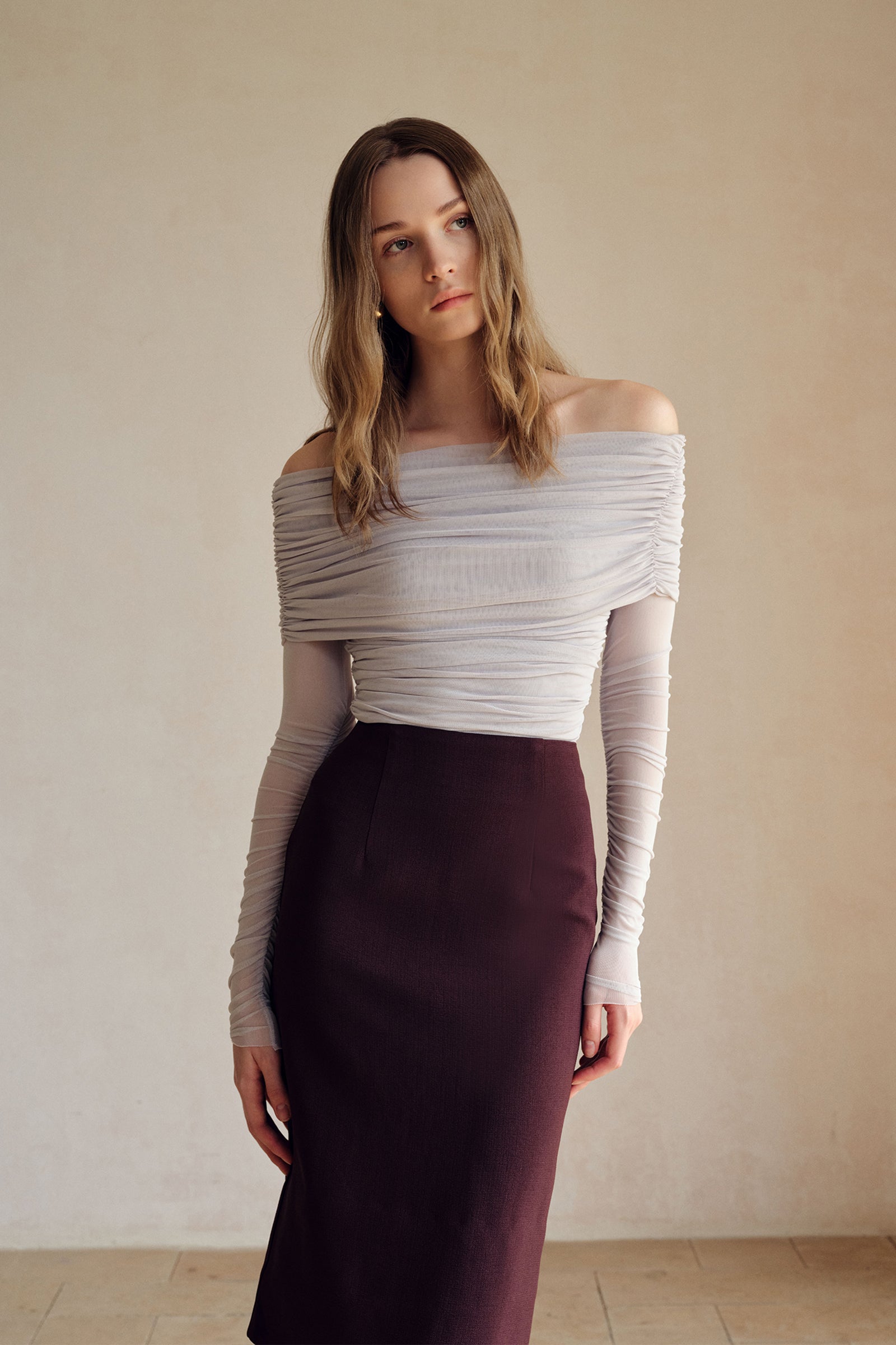 Bailey Mesh Ruched Off Shoulder Top (Misty Blue)