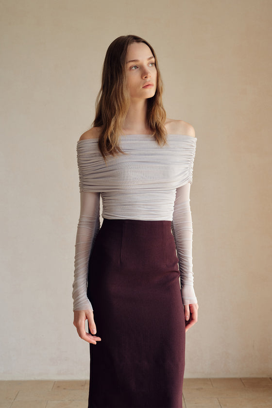 Bailey Mesh Ruched Off Shoulder Top (Misty Blue)