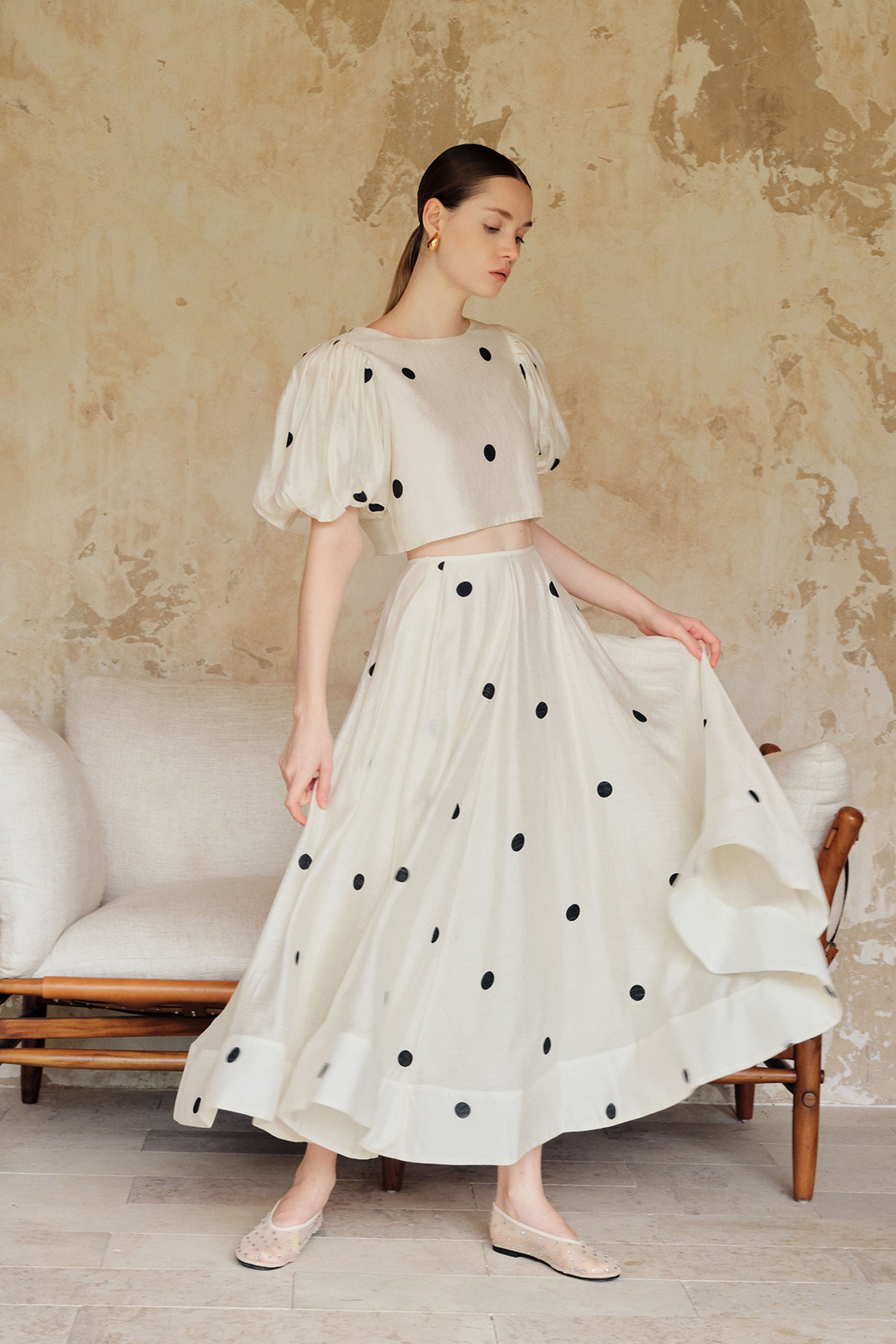 Loula Printed Polka Flare Midi Skirt