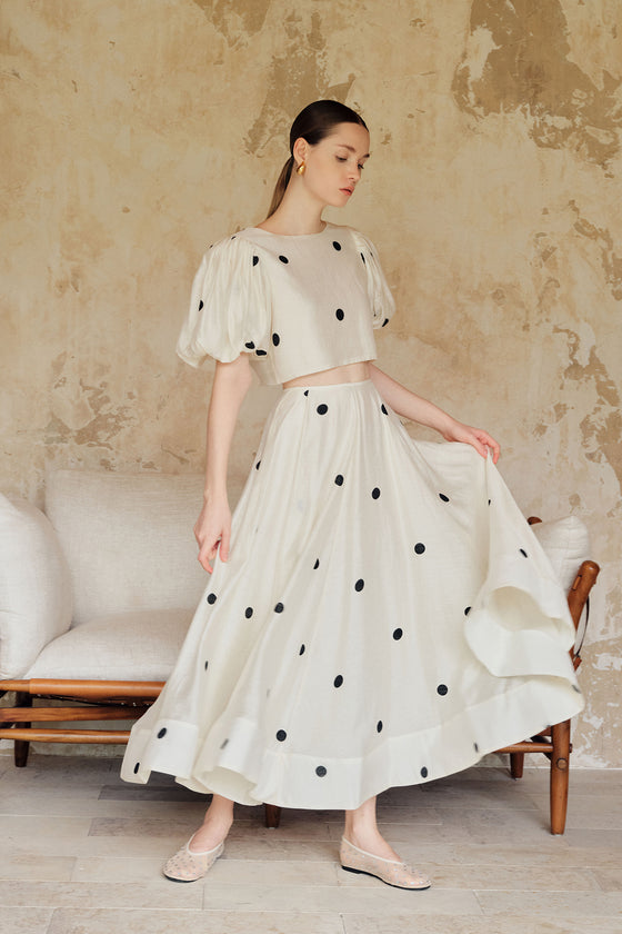 Loula Printed Polka Flare Midi Skirt