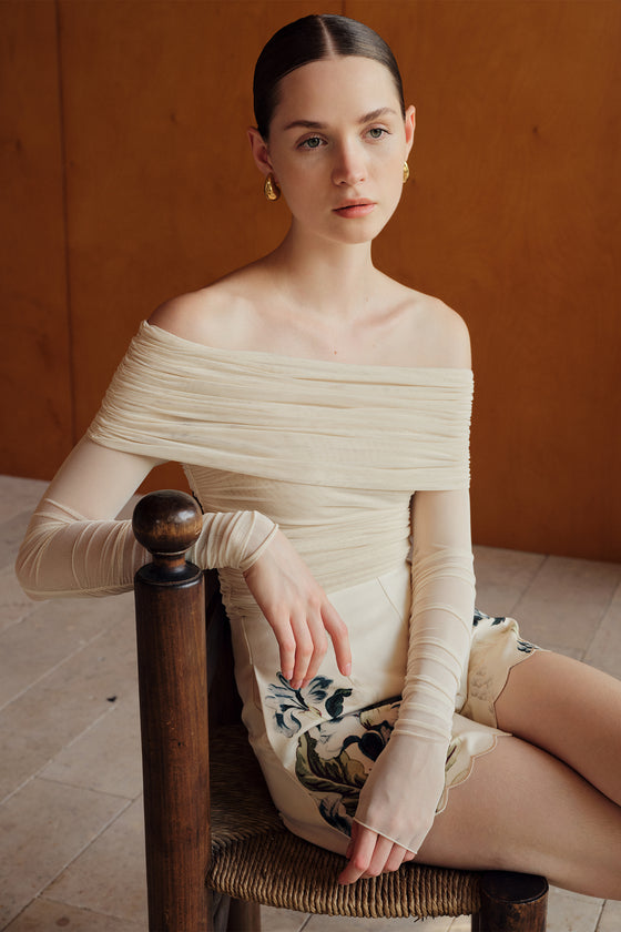 Bailey Mesh Ruched Off Shoulder Top (Buttercream)