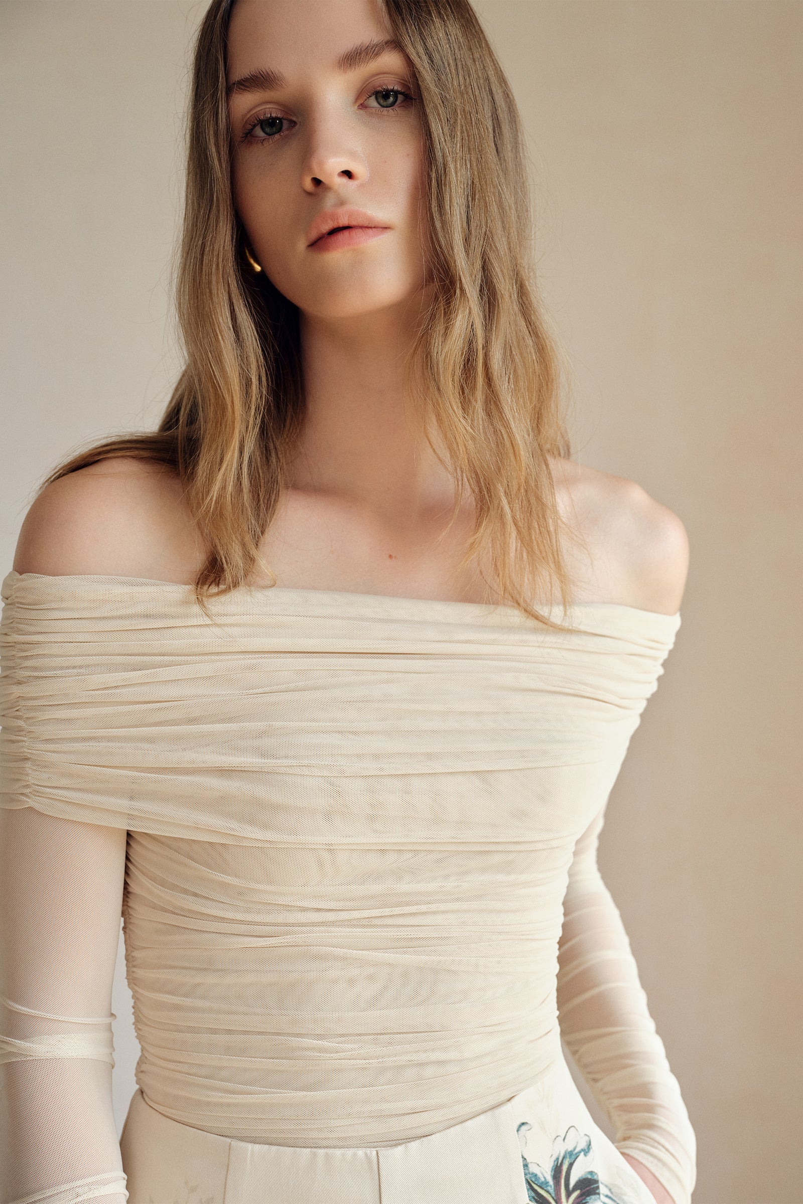 Bailey Mesh Ruched Off Shoulder Top (Buttercream)