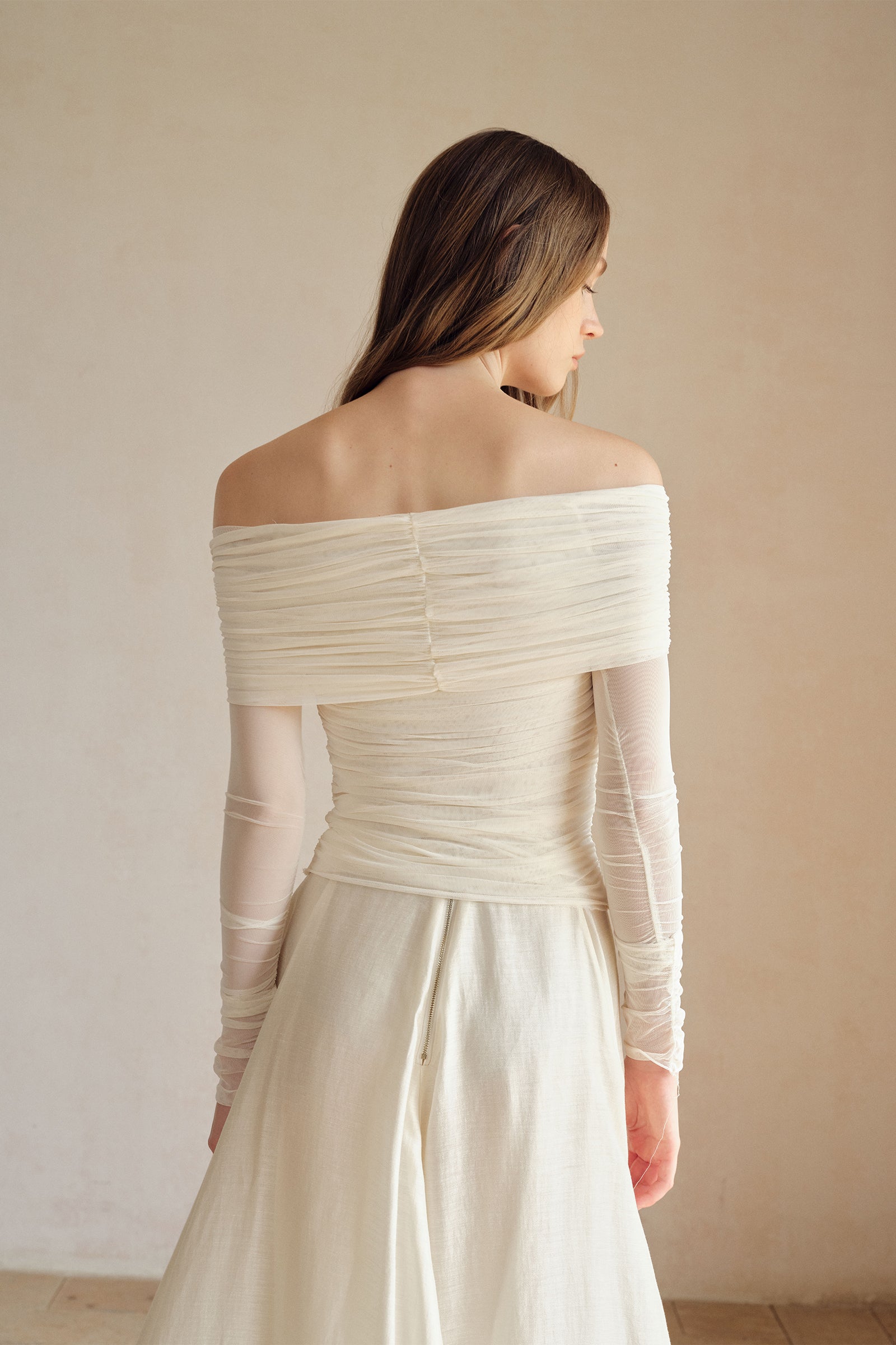 Bailey Mesh Ruched Off Shoulder Top (Ice White)