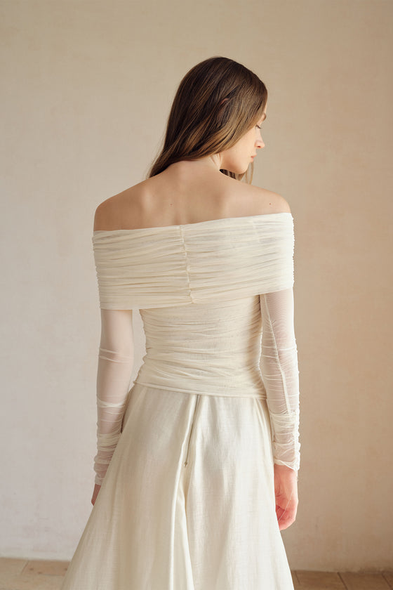 Bailey Mesh Ruched Off Shoulder Top (Ice White)