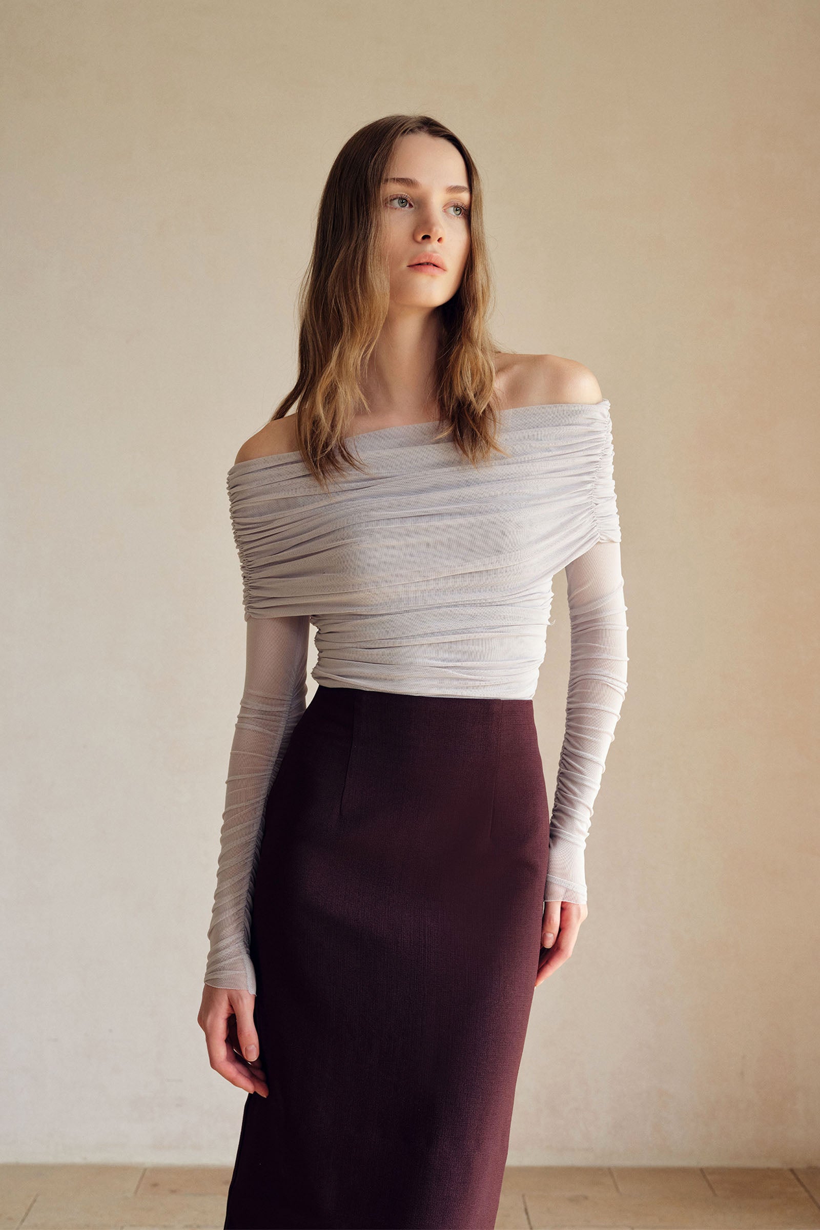 Bailey Mesh Ruched Off Shoulder Top (Misty Blue)